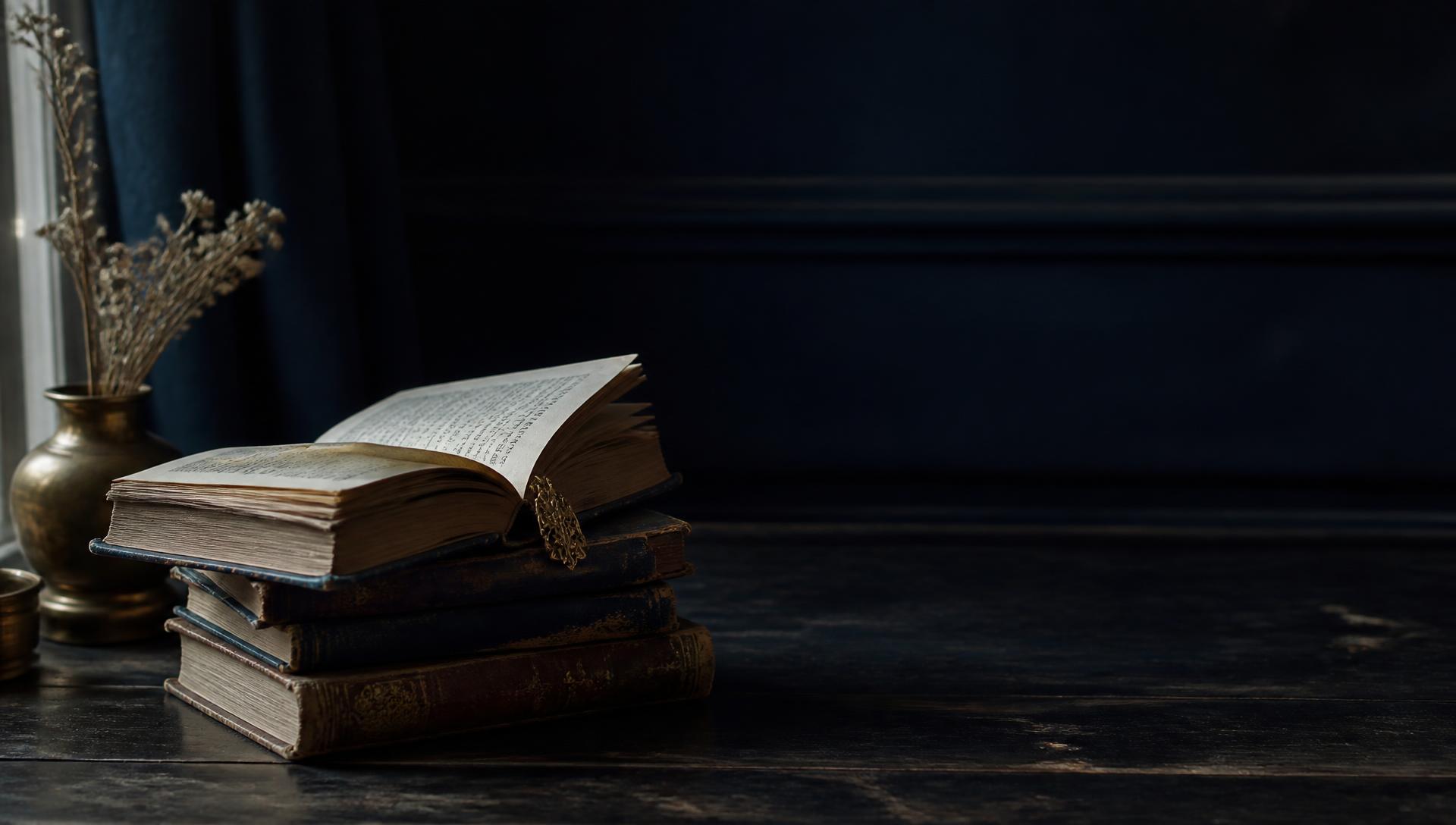 Antique books resting on a dark wooden writing desk